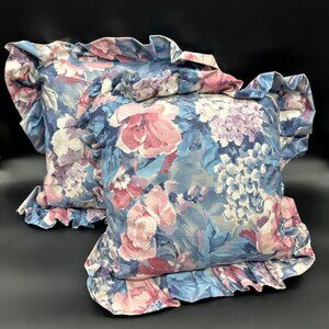 Vintage Throw Pillows Handmade 1980s Floral Ruffled Pink Blue Decorative Flowers